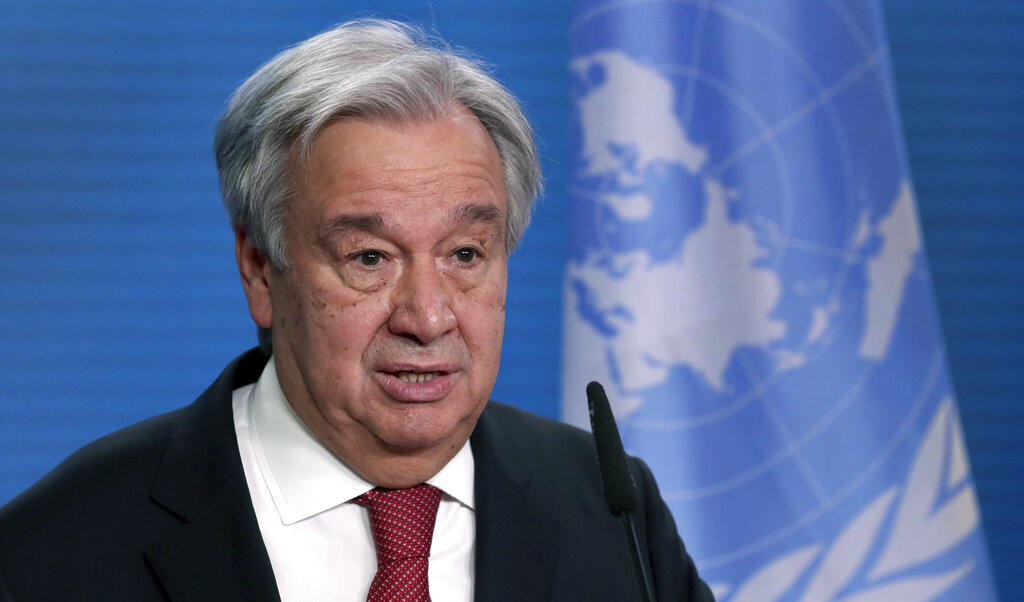 In this Dec. 17, 2020 file photo, UN Secretary-General Antonio Guterres addresses the media during a joint press conference in Berlin, Germany. (AP Photo/Michael Sohn, pool, File)