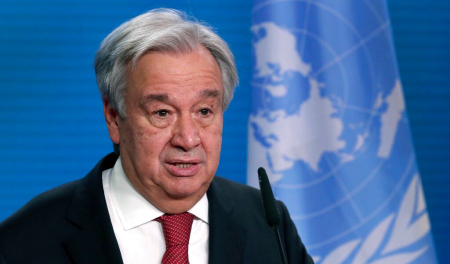 In this Dec. 17, 2020 file photo, UN Secretary-General Antonio Guterres addresses the media during a joint press conference in Berlin, Germany. (AP Photo/Michael Sohn, pool, File)