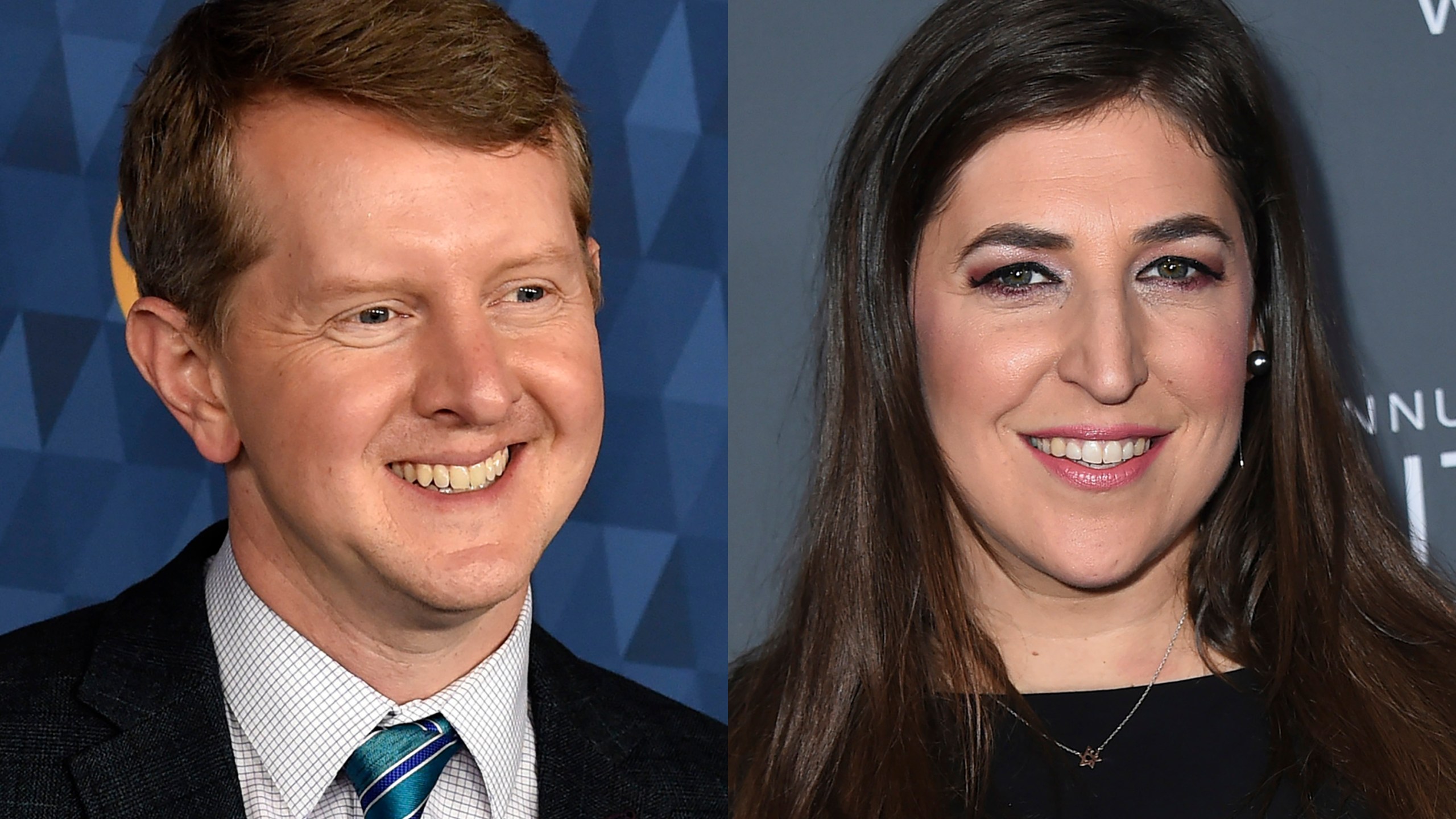 Ken Jennings appears at the 2020 ABC Television Critics Association Winter Press Tour in Pasadena, Calif., on Jan. 8, 2020, left, and actress Mayim Bialik appears at the 23rd annual Critics' Choice Awards in Santa Monica, Calif., on Jan. 11, 2018. Jennings and Bialik will split “Jeopardy!” hosting duties for the remainder of the game show’s 38th season. (AP Photo)