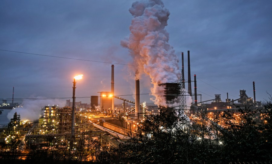 A ThyssenKrupp coking plant steams around the clock for the nearby steel mill in Duisburg, Germany, on Jan. 30, 2020. (Martin Meissner / Associated Press)