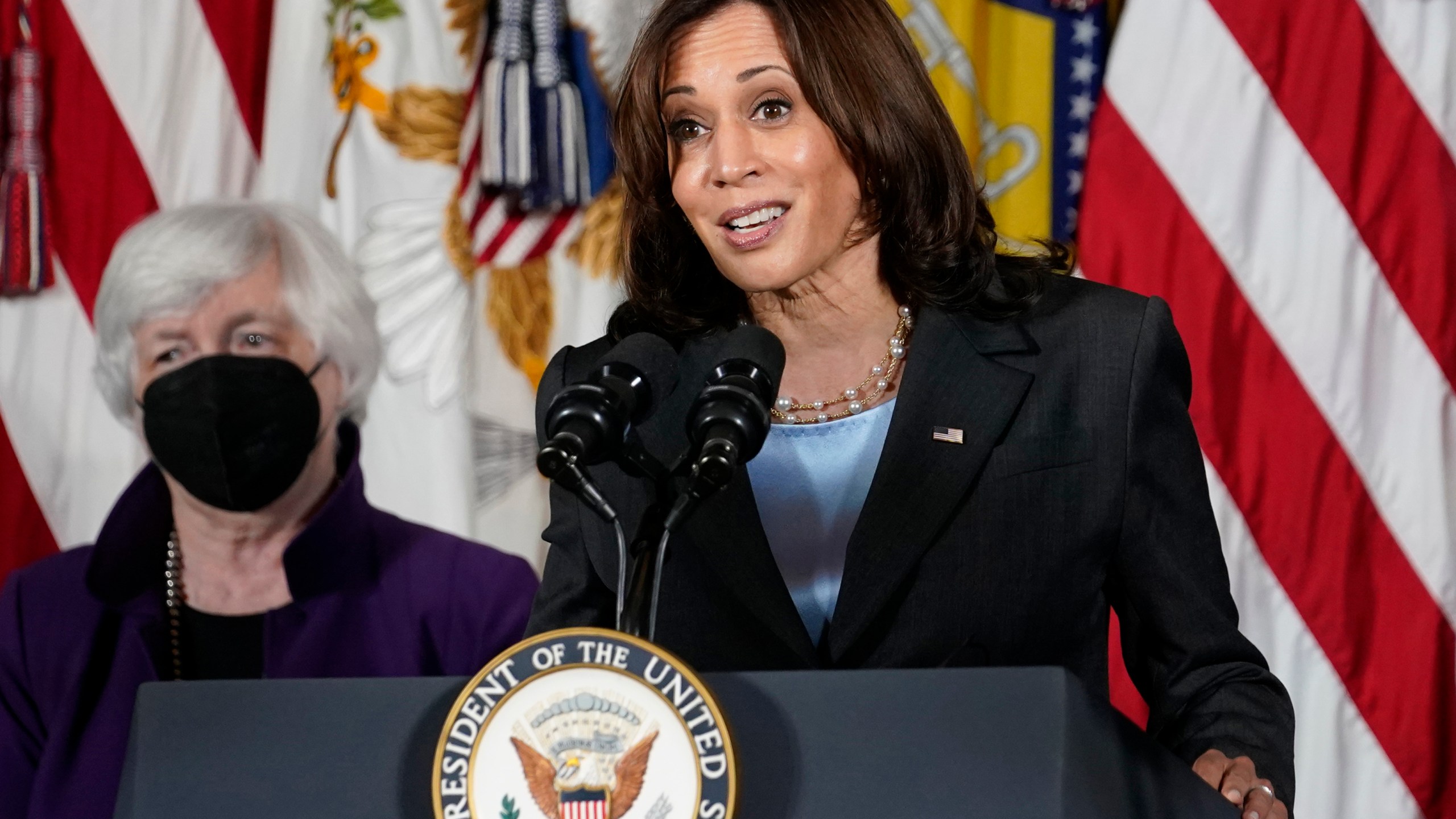 Vice President Kamala Harris, right, speaks as Treasury Secretary Janet Yellen listens during an event at the Treasury Department in Washington on Sept. 15, 2021. Harris will appear on the daytime talk series "The View" on Friday. (AP Photo/Susan Walsh, File)