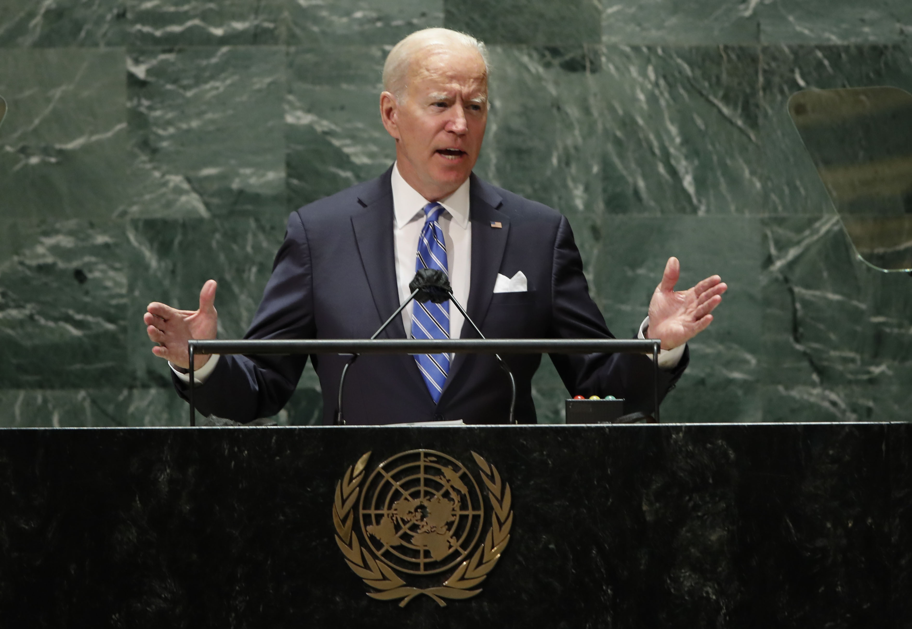 U.S. President Joe Biden speaks during the 76th Session of the United Nations General Assembly at U.N. headquarters in New York on Tuesday, Sept. 21, 2021. (Eduardo Munoz/Pool Photo via AP)