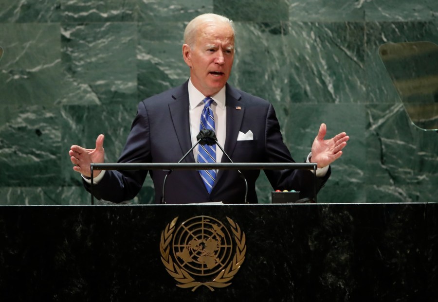 U.S. President Joe Biden speaks during the 76th Session of the United Nations General Assembly at U.N. headquarters in New York on Tuesday, Sept. 21, 2021. (Eduardo Munoz/Pool Photo via AP)