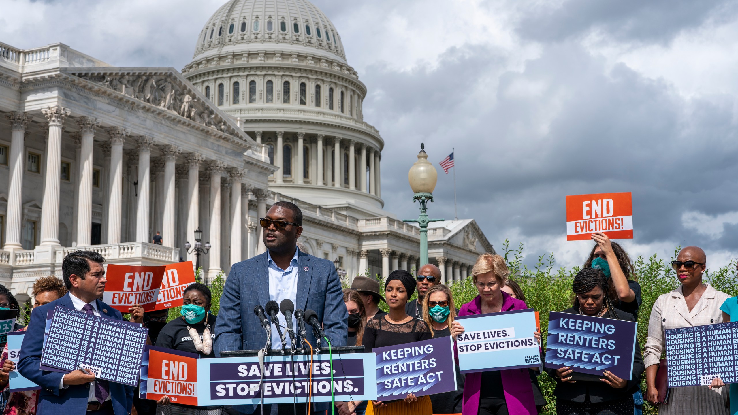 Rep. Mondaire Jones, D-N.Y., joins progressive lawmakers to advocate for reimposing a nationwide eviction moratorium that lapsed last month, at the Capitol in Washington, Tuesday, Sept. 21, 2021. (AP Photo/J. Scott Applewhite)