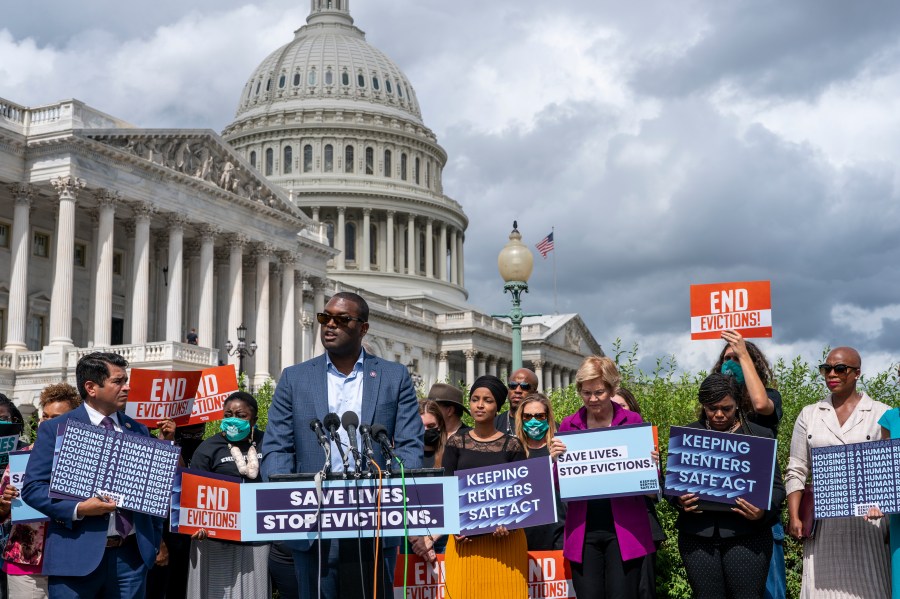 Rep. Mondaire Jones, D-N.Y., joins progressive lawmakers to advocate for reimposing a nationwide eviction moratorium that lapsed last month, at the Capitol in Washington, Tuesday, Sept. 21, 2021. (AP Photo/J. Scott Applewhite)