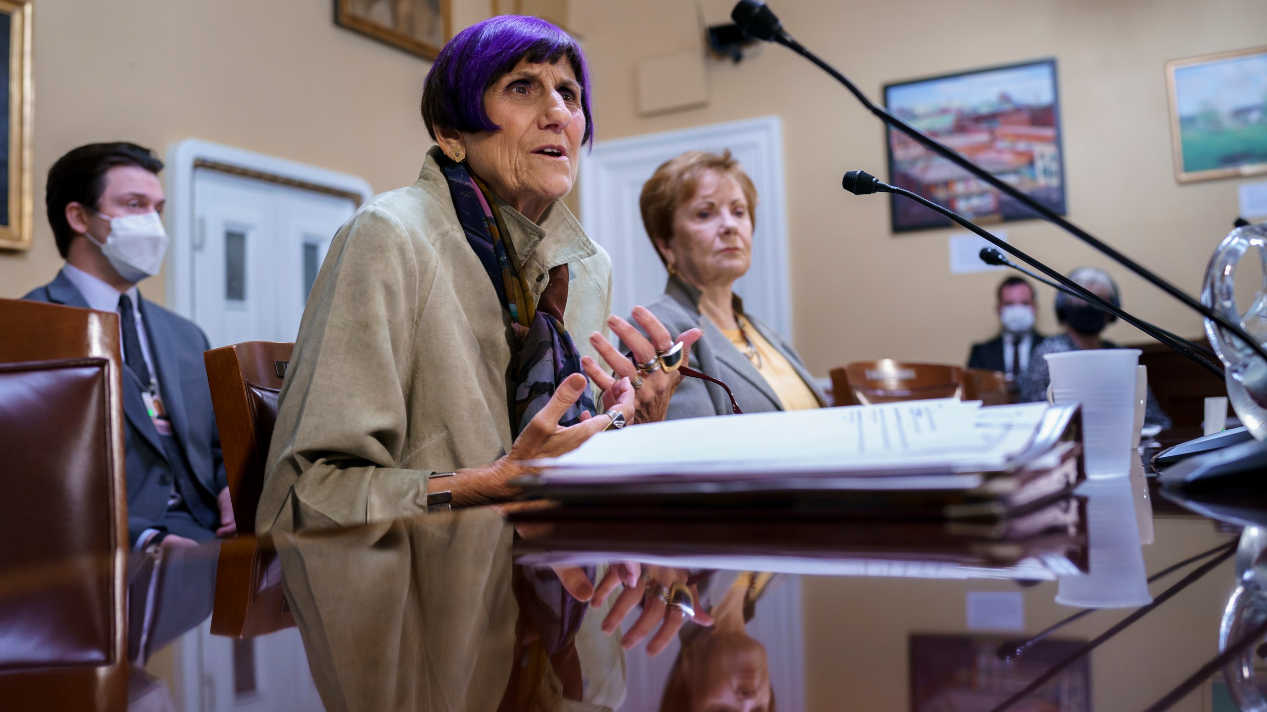 House Appropriations Committee Chair Rosa DeLauro, D-Conn., left, joined by Rep. Kay Granger, R-Texas, the ranking member of Appropriations, appear before the House Rules Committee as they field questions about the politics of the federal debt, at the Capitol in Washington on Sept. 21, 2021. (AP Photo/J. Scott Applewhite)