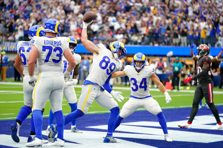 Los Angeles Rams tight end Tyler Higbee (89) celebrates after his touchdown catch during the first half of an NFL football game against the Tampa Bay Buccaneers Sunday, Sept. 26, 2021, in Inglewood, Calif. (AP Photo/Jae C. Hong )