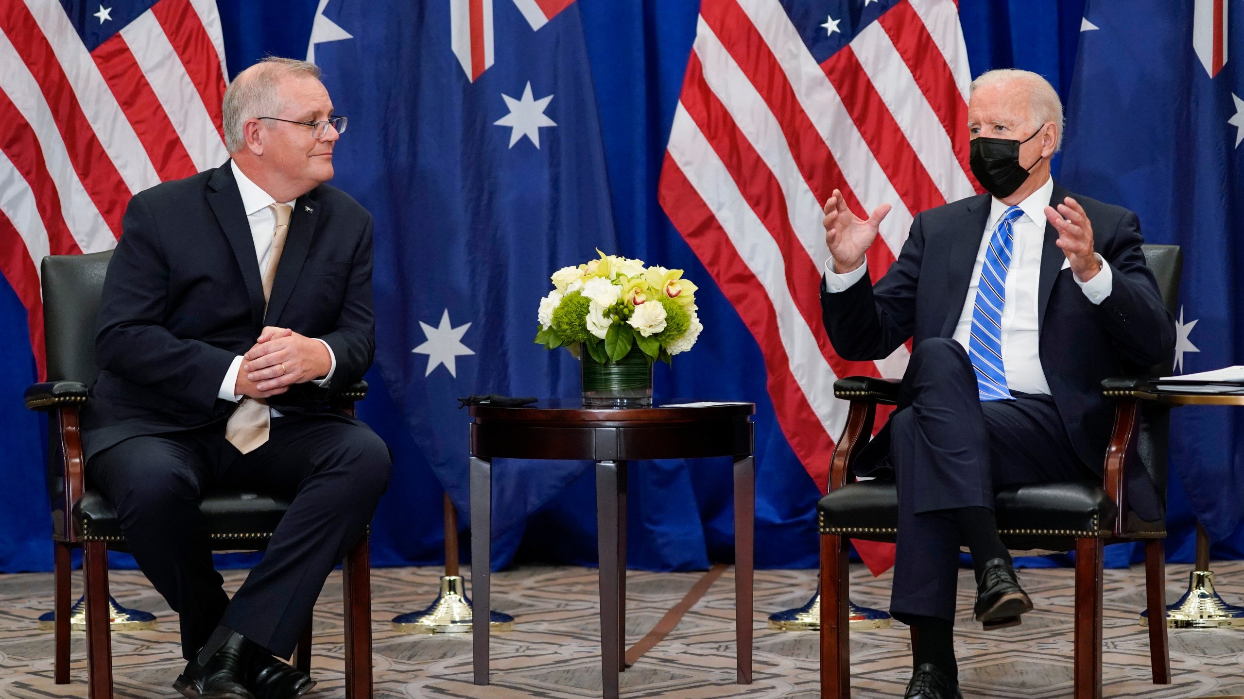 In this Sept. 21, 2021, file photo President Joe Biden meets with Australian Prime Minister Scott Morrison at the Intercontinental Barclay Hotel during the United Nations General Assembly in New York. Biden is set to host the first ever in-person gathering of leaders of the Indo-Pacific alliance known as "the Quad” on Friday, wrapping up a tough week of diplomacy in which he faced no shortage of criticism from both allies and adversaries. (AP Photo/Evan Vucci)