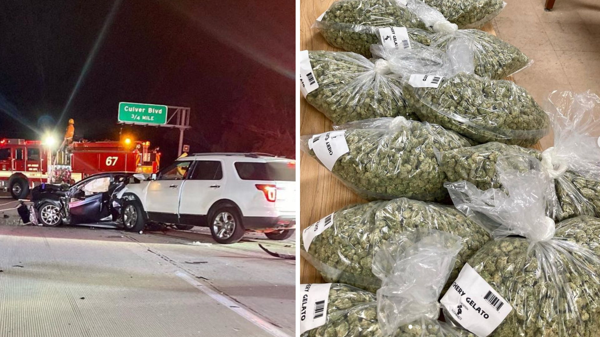 California Highway Patrol on Sept. 30, 2021, released these images after 37 pounds worth of Marijuana were discovered following a crash on the 90 Freeway in Playa del Rey. (chpwestala)