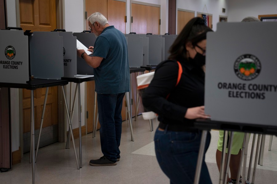 In this Sept. 14, 2021 file photo voters cast their ballots at a voting center in the Orange County city of La Habra, Calif. California Republicans needed a heroic turnout in Tuesday's recall election to have any chance of ousting Democratic Gov. Gavin Newsom, but preliminary vote tallies, Friday Sept. 17, 2021, show overall turnout was around 55%, far below the 80% that voted in the 2020 presidential contest. (AP Photo/Jae C. Hong)