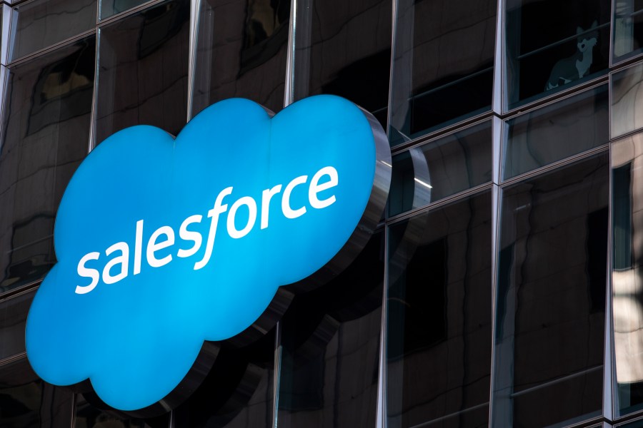 The Salesforce logo is seen at its headquarters on December 1, 2020 in San Francisco, California. (Stephen Lam/Getty Images)