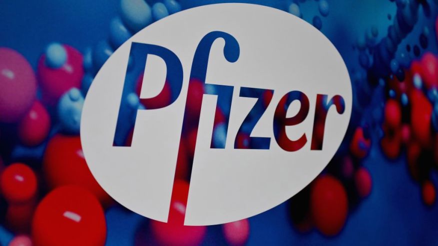 The Pfizer logo is seen at the Pfizer Inc. headquarters on Dec. 9, 2020, in New York City. (ANGELA WEISS/AFP via Getty Images)