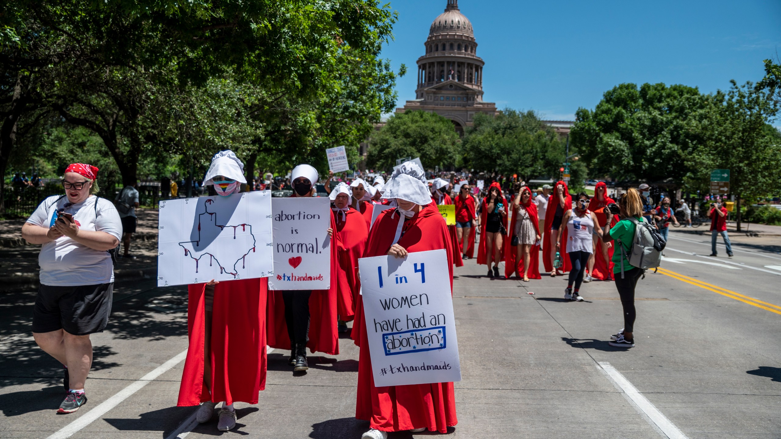 Pro-choice protesters march down Congress Avenue at a protest outside the Texas state capitol on May 29, 2021, in Austin, Texas. (Sergio Flores/Getty Images)