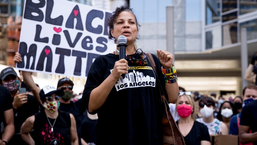 Melina Abdullah speaks during a demonstration to support Black Lives Matter protests on June 6, 2020 in Beverly Hills. (Rich Fury/Getty Images)