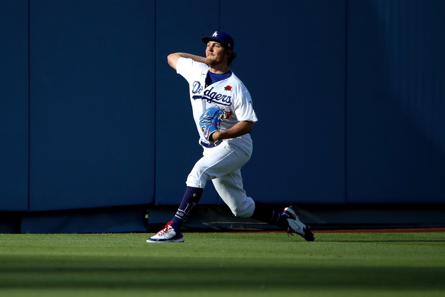 Trevor Bauer of the Los Angeles Dodgers warms up before the game against the St. Louis Cardinals at Dodger Stadium on May 31, 2021. (Katelyn Mulcahy/Getty Images)