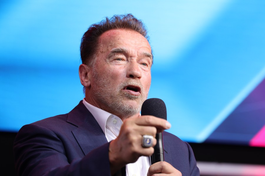 Arnold Schwarzenegger speaks in his keynote about digital sustainability during the Digital X event on September 07, 2021 in Cologne, Germany. (Andreas Rentz/Getty Images)