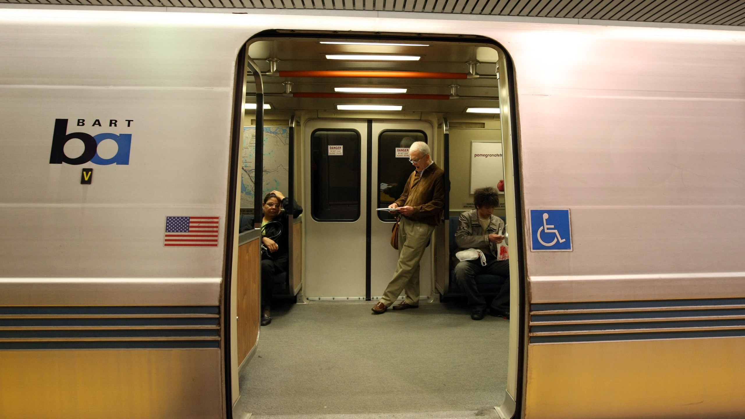 Bay Area Rapid Transit (BART) passengers wait onboard a train at the Powell Street station on May 12, 2008, in San Francisco, California.(Justin Sullivan/Getty Images)