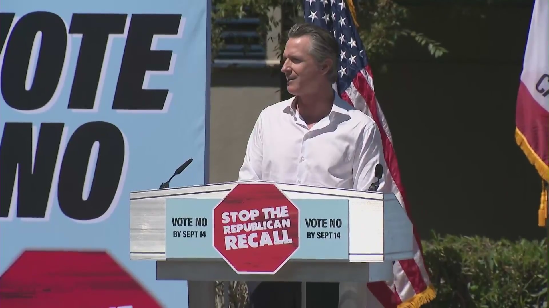 Gov. Gavin Newsom campaigned against the recall effort against him on Sept. 5, 2021. (KTLA)