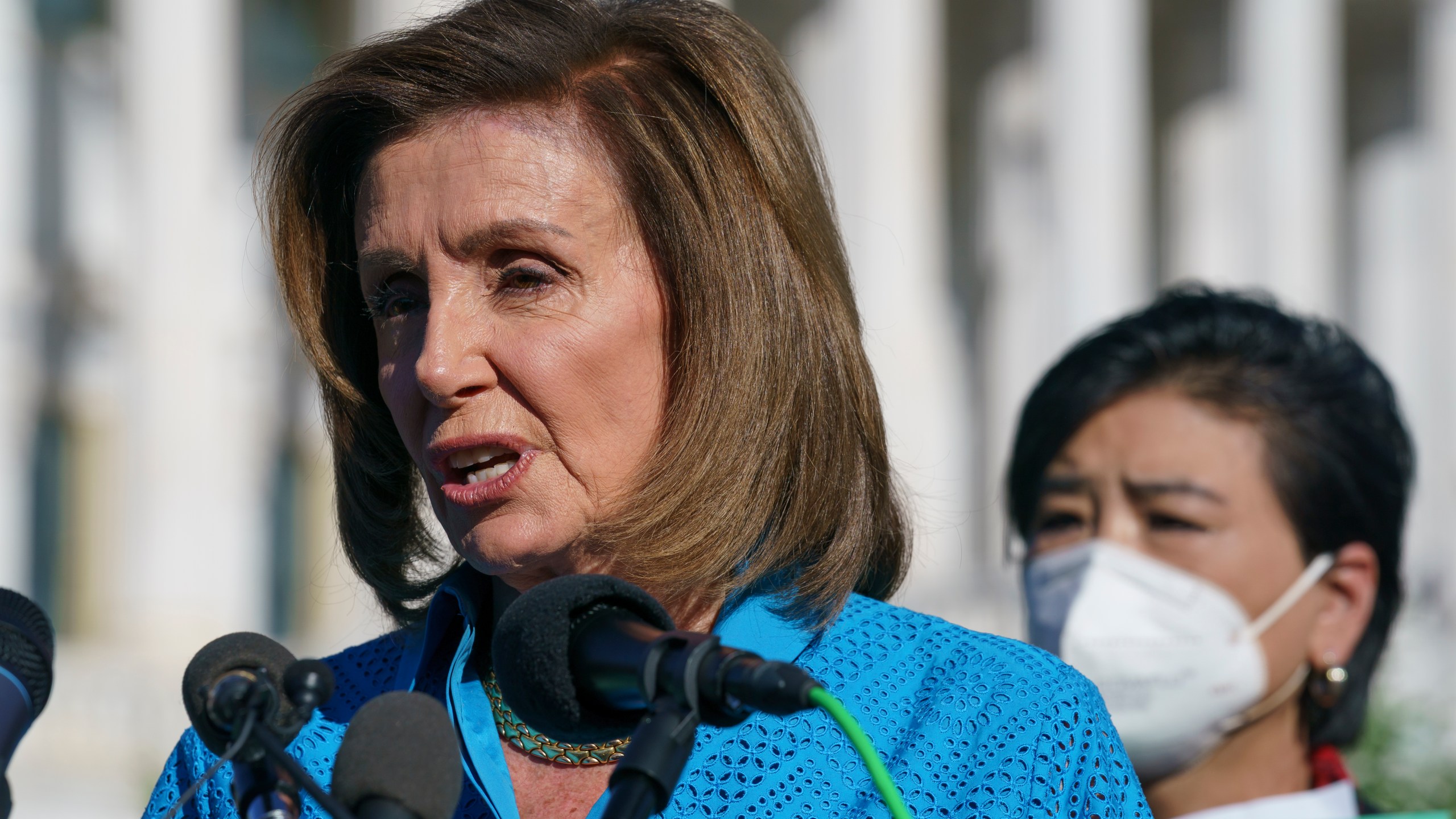 House Speaker Nancy Pelosi, D-Calif., joined by Rep. Judy Chu, D-Calif., right, holds a news conference just before a House vote on legislation aimed at guaranteeing a woman’s right to an abortion, an effort by House Democrats to circumvent a new Texas law that has placed that access under threat, at the Capitol in Washington, Friday, Sept. 24, 2021. (AP Photo/J. Scott Applewhite)