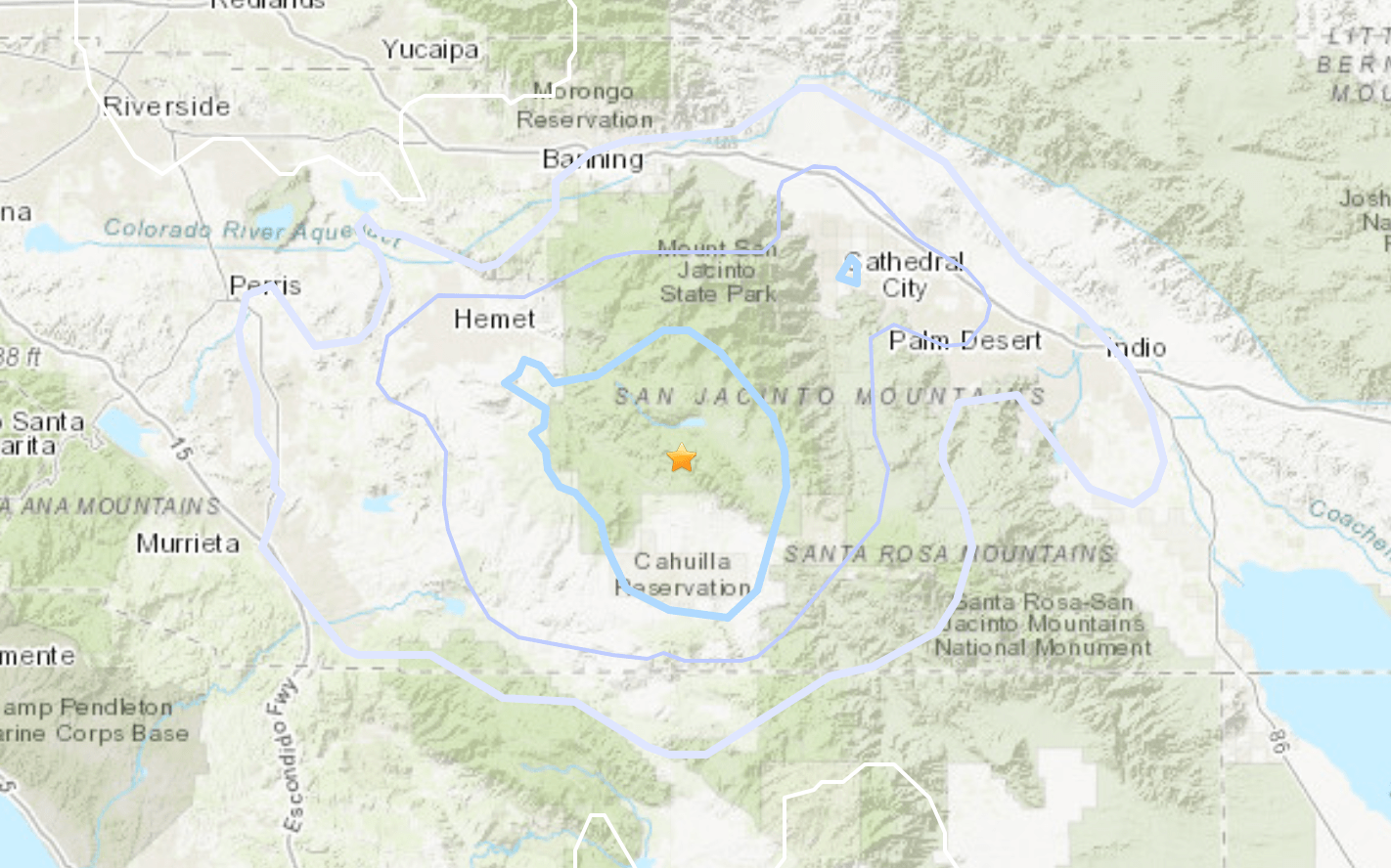 A magnitude 3.5 quake that hit the San Jacinto Mountains north of Anza on Sept. 21, 2021, is seen in a map provided by the U.S. Geological Survey.