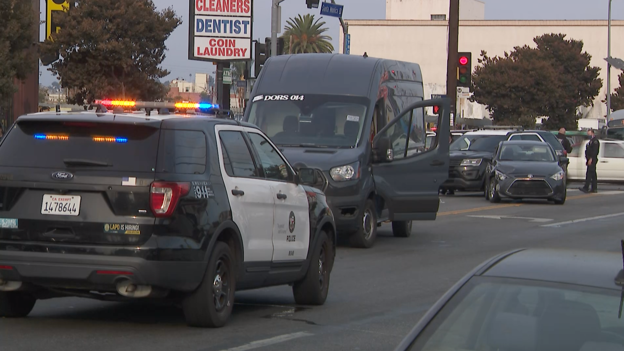 A stolen Amazon delivery truck being pursued by police was involved in a crash in Hollywood on Sept. 28, 2021. (KTLA)