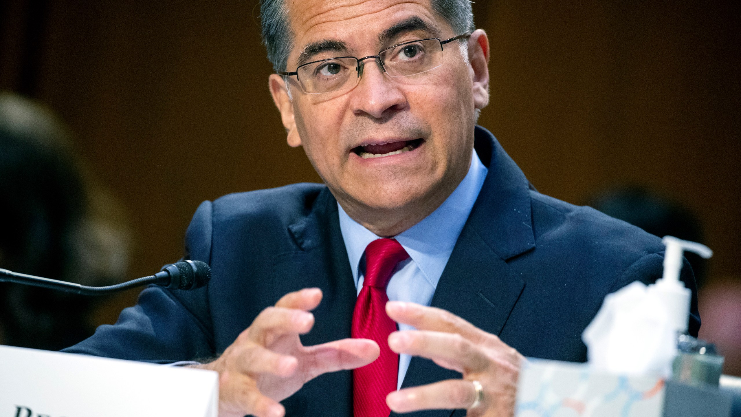 Secretary of Health and Human Services Xavier Becerra testifies at a hearing, Thursday, Sept. 30, 2021, on Capitol Hill in Washington. The Biden administration Thursday finalized long-sought consumer protections against so-called ‘surprise’ medical bills. The ban on charges that hit insured patients at some of the most vulnerable moments will take effect Jan. 1. (Shawn Thew/Pool via AP)