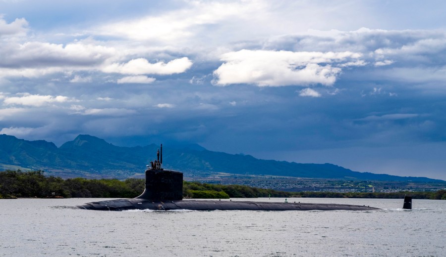 In this photo provided by U.S. Navy, the Virginia-class fast-attack submarine USS Missouri (SSN 780) departs Joint Base Pearl Harbor-Hickam for a scheduled deployment in the 7th Fleet area of responsibility, Sept. 1, 2021. Australia decided to invest in U.S. nuclear-powered submarines and dump its contract with France to build diesel-electric submarines because of a changed strategic environment, Prime Minister Scott Morrison said on Thursday, Sept. 16, 2021.(Chief Mass Communication Specialist Amanda R. Gray/U.S. Navy via AP)