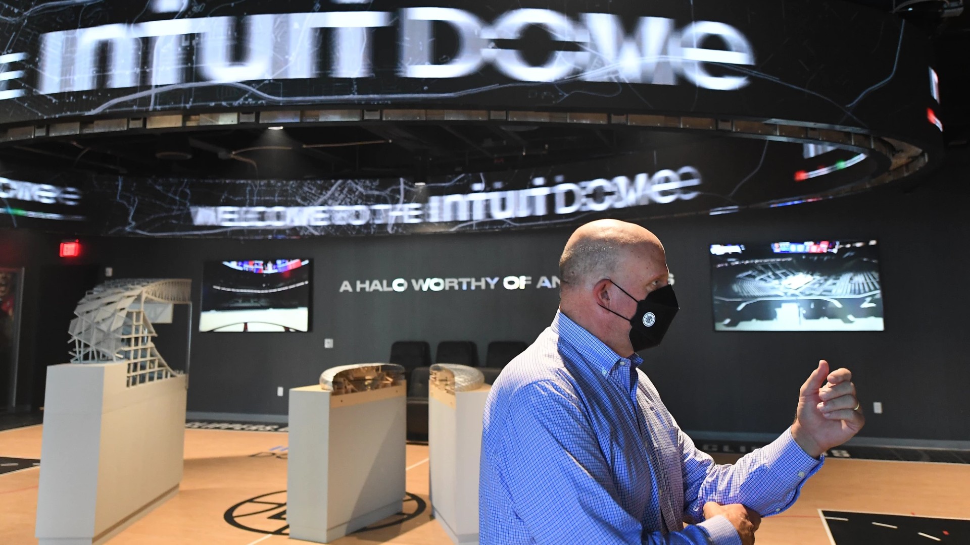 Clippers owner Steve Ballmer stands in front of a model of The Intuit Dome, the team’s future arena in Inglewood.(Wally Skalij/Los Angeles Times)