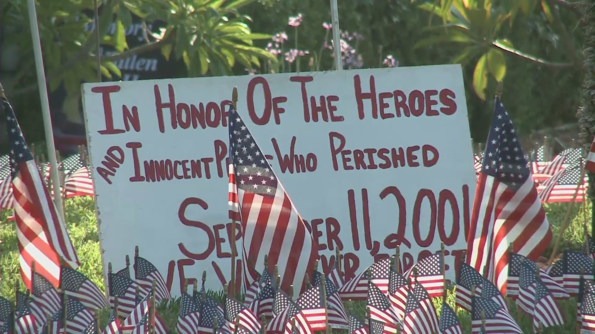 Part of a memorial to the victims of the Sept. 11, 2001, terror attacks is seen on Sept. 7, 2021, at a home in Fullerton. (KTLA)