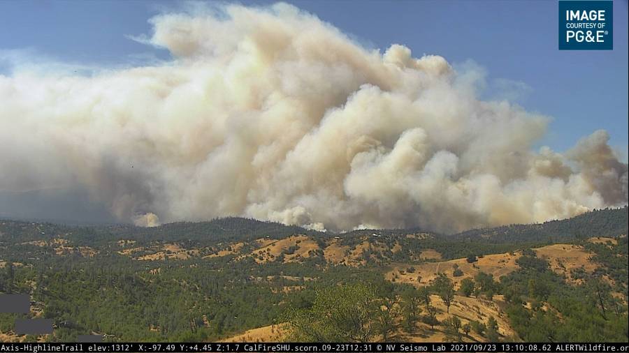 The Fawn Fire burns in Northern California just south of Shasta Lake on Sept. 23, 2021, in an image from Alertwildfire.org.