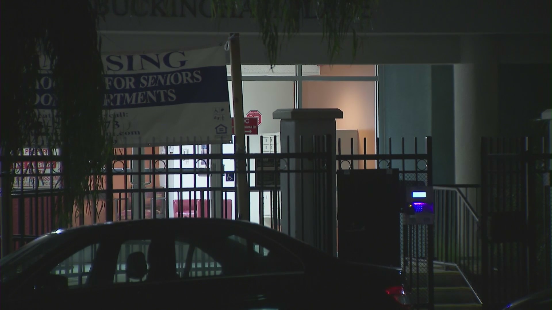 Police investigate a fatal stabbing at the Buckingham Senior Apartments in Baldwin Hills on Sept. 16, 2021. (KTLA)