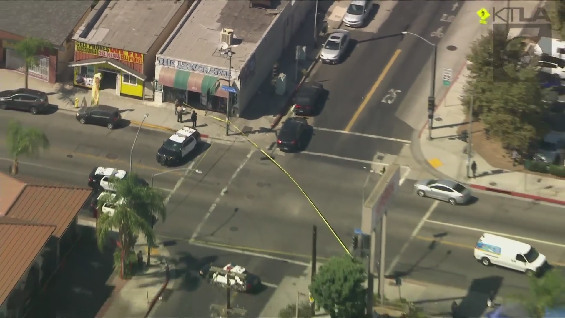 Authorities investigate the scene of a police shooting that left a man wounded in East Los Angeles on Sept. 3, 2021. (KTLA)