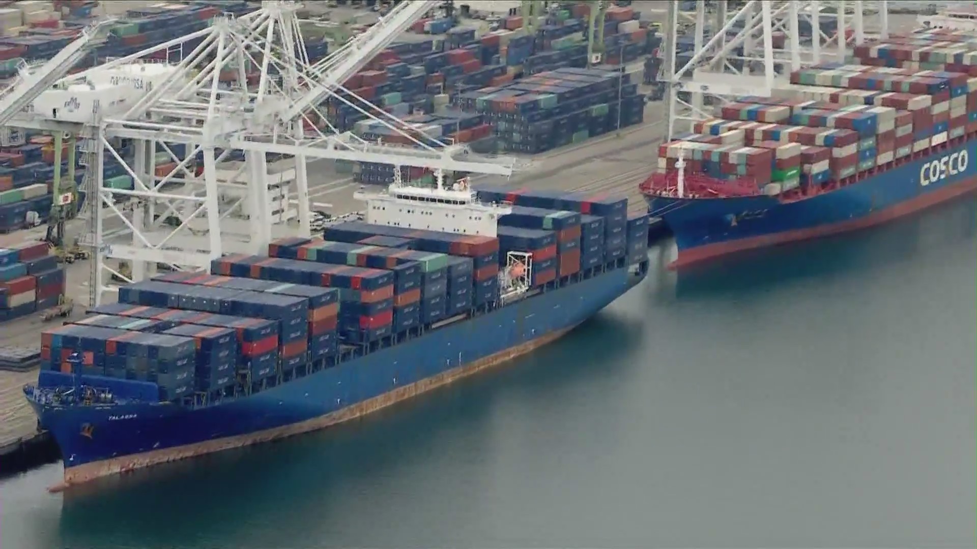 Container ships are seen in the Port of Long Beach in this file image. (KTLA)