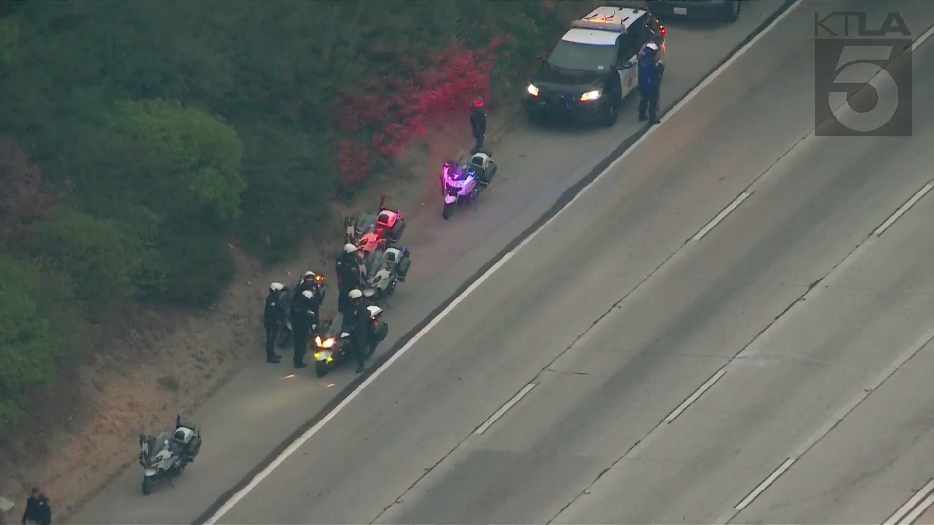 Authorities respond to a crash involving a motorcycle officer on Sept. 1, 2021 in Glendora. (KTLA)