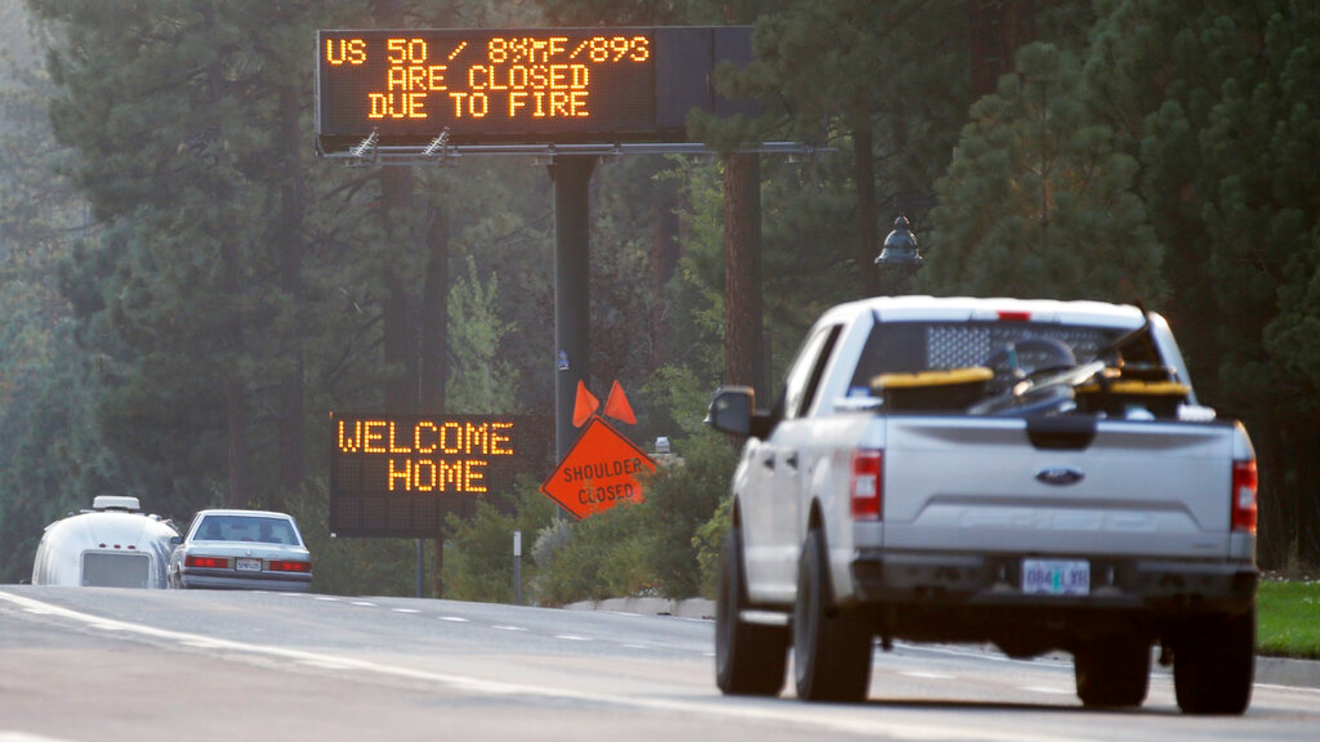 Traffic flows along Highway 50 in South Lake Tahoe, Calif., Sunday, Sept. 5, 2021. (Jane Tyska/Bay Area News Group via AP)