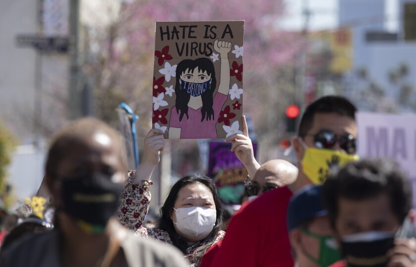 A Stop Asian Hate rally in Koreatown is seen in March 2021. (Myung J. Chun / Los Angeles Times)