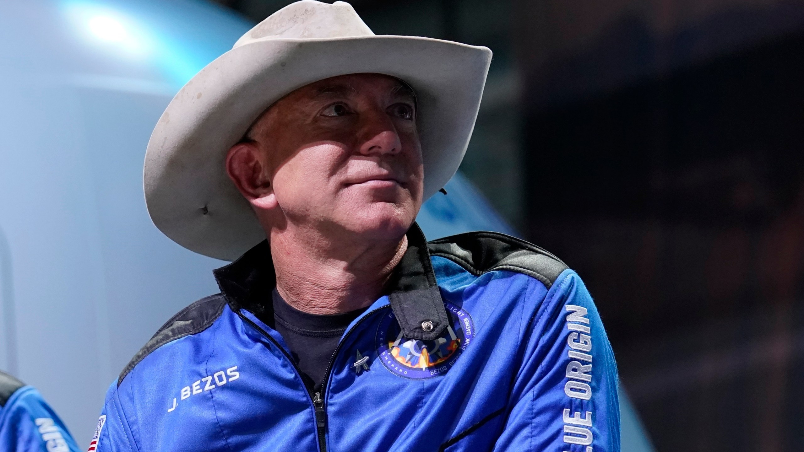 In this July 20, 2021 file photo, Jeff Bezos, founder of Amazon and space tourism company Blue Origin, participates in post launch briefing from its spaceport near Van Horn, Texas. (AP Photo/Tony Gutierrez)