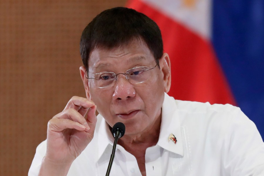 In this Sept. 15, 2021, file photo provided by the Malacanang Presidential Photographers Division, Philippine President Rodrigo Duterte gestures as he meets members of the Inter-Agency Task Force on the Emerging Infectious Diseases at the Malacanang presidential palace in Manila, Philippines. (Karl Alonzo/Malacanang Presidential Photographers Division via AP, File)