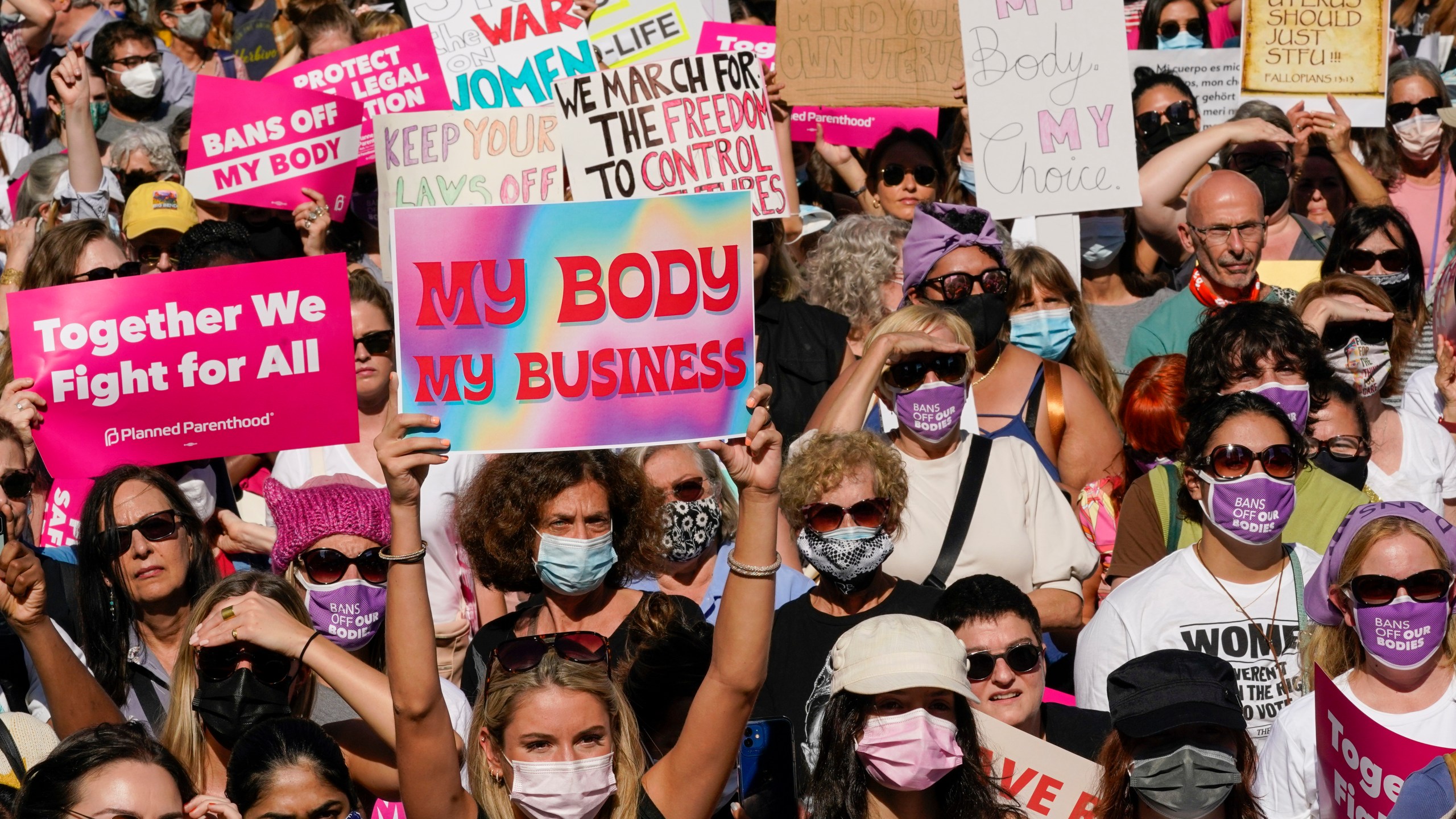 Demonstrators rally to to demand continued access to abortion during the March for Reproductive Justice, Saturday, Oct. 2, 2021, in New York. The first Women's March of the Biden administration sets its sights on the Supreme Court, part of nationwide protests demanding continued access to abortion in a year when conservative lawmakers and judges have put it in jeopardy. (AP Photo/Mary Altaffer)