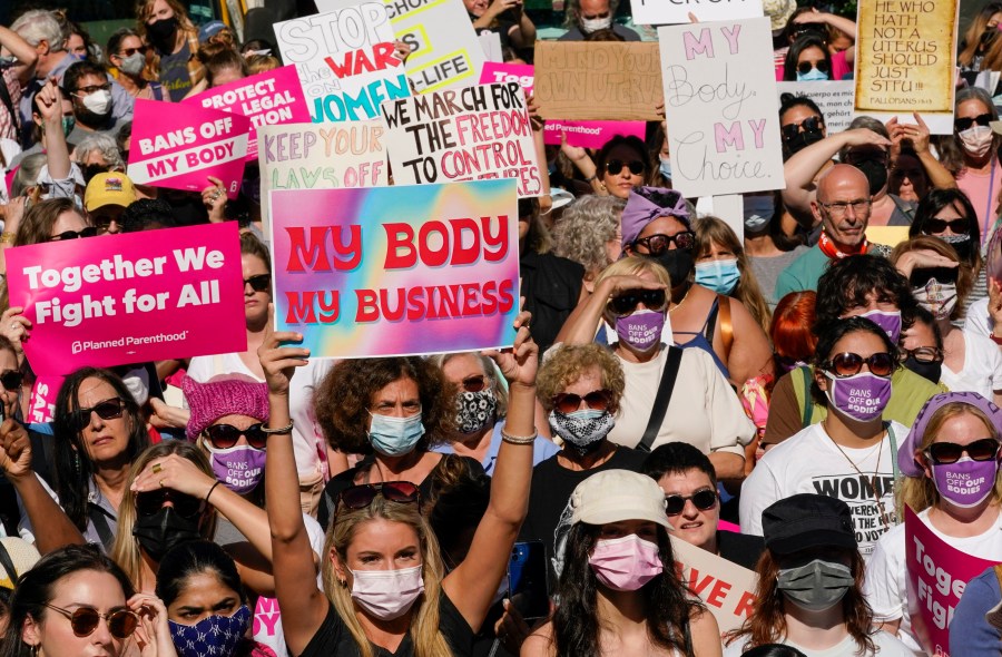 Demonstrators rally to to demand continued access to abortion during the March for Reproductive Justice, Saturday, Oct. 2, 2021, in New York. The first Women's March of the Biden administration sets its sights on the Supreme Court, part of nationwide protests demanding continued access to abortion in a year when conservative lawmakers and judges have put it in jeopardy. (AP Photo/Mary Altaffer)