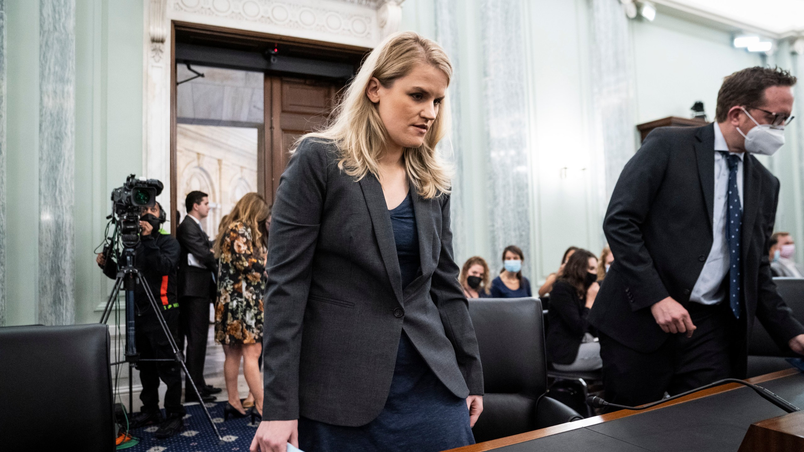 Former Facebook employee and whistleblower Frances Haugen arrives to testify during a Senate Committee on Commerce, Science, and Transportation hearing on Capitol Hill on Tuesday, Oct. 5, 2021, in Washington. (Jabin Botsford/The Washington Post via AP, Pool)