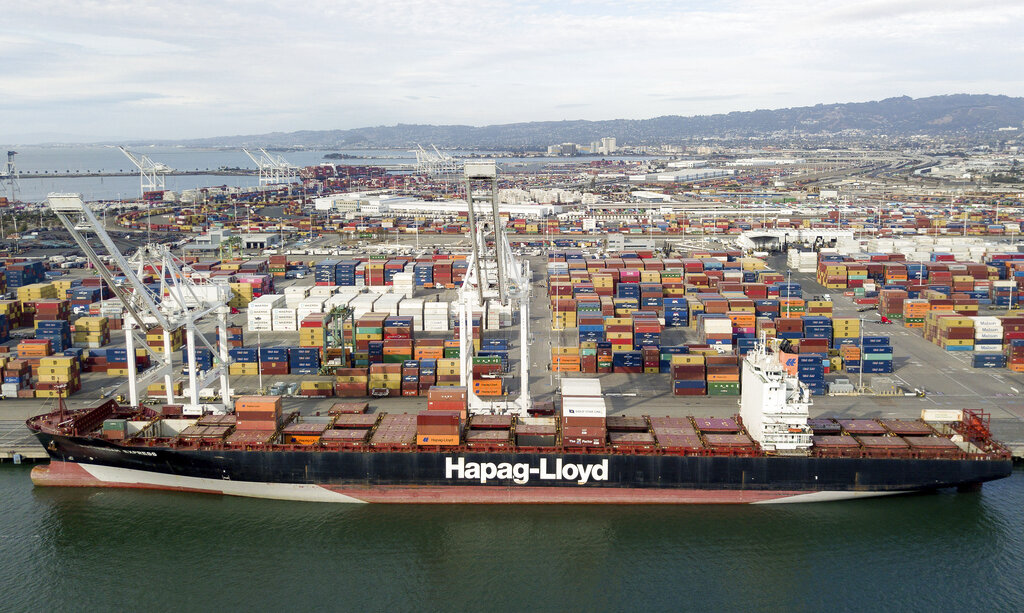 The Rotterdam Express is seen at the Port of Oakland, Wednesday, Oct. 6, 2021 in Oakland, Calif. (AP Photo/Josh Edelson)