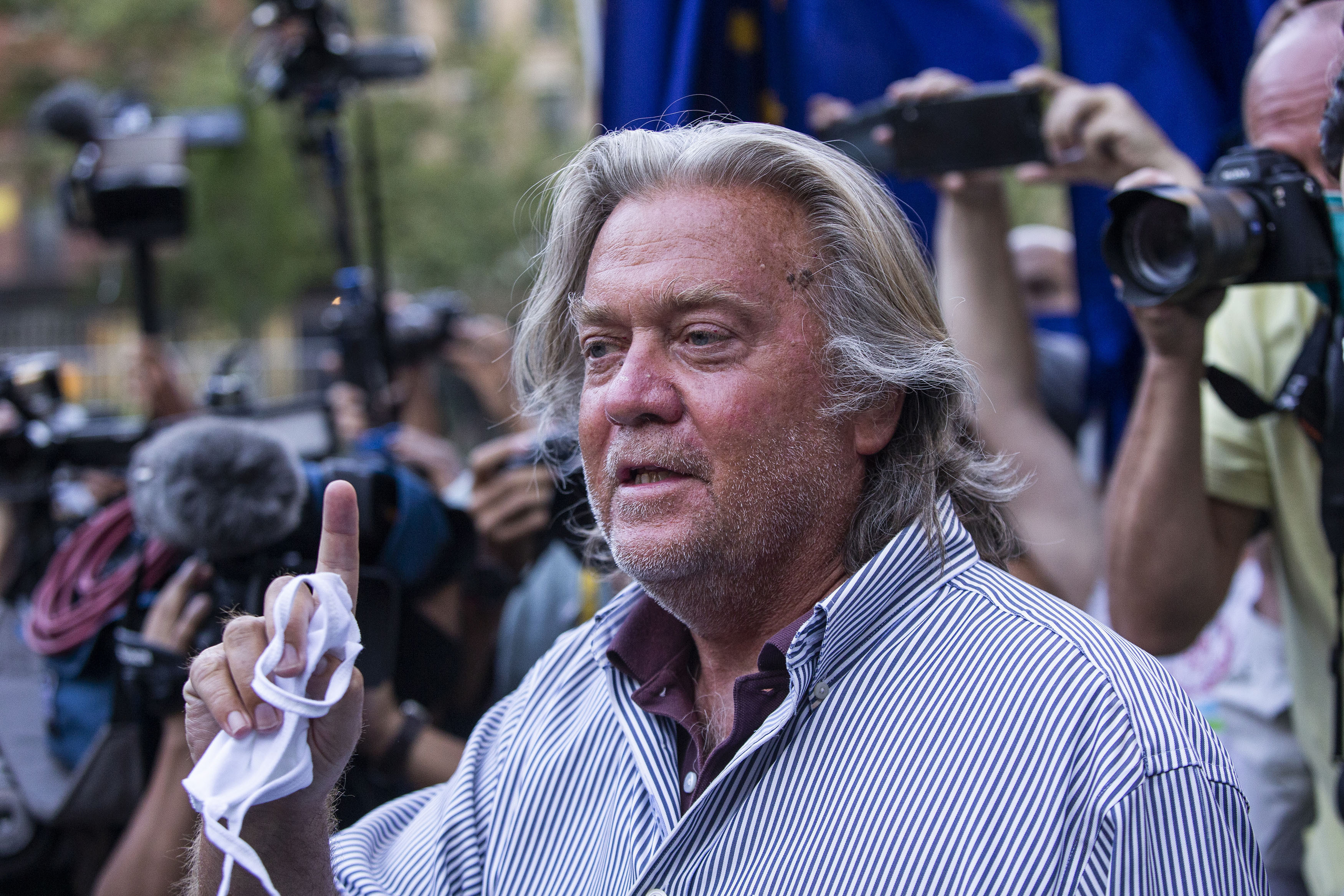 In this Aug. 20, 2020, file photo, President Donald Trump's former chief strategist Steve Bannon speaks with reporters in New York. A lawyer for Bannon says Bannon won’t comply with a congressional investigation into the Jan. 6 insurrection at the Capitol because President Donald Trump is asserting executive privilege to block demands for testimony and documents.(AP Photo/Eduardo Munoz Alvarez, File)