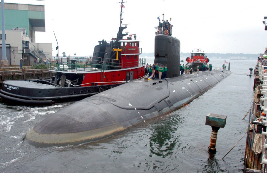 In this Friday, July 30, 2004 file photo, the U.S.S. Virginia returns to the Electric Boat Shipyard in Groton Conn., after its first sea trials. (AP Photo/Jack Sauer, File)