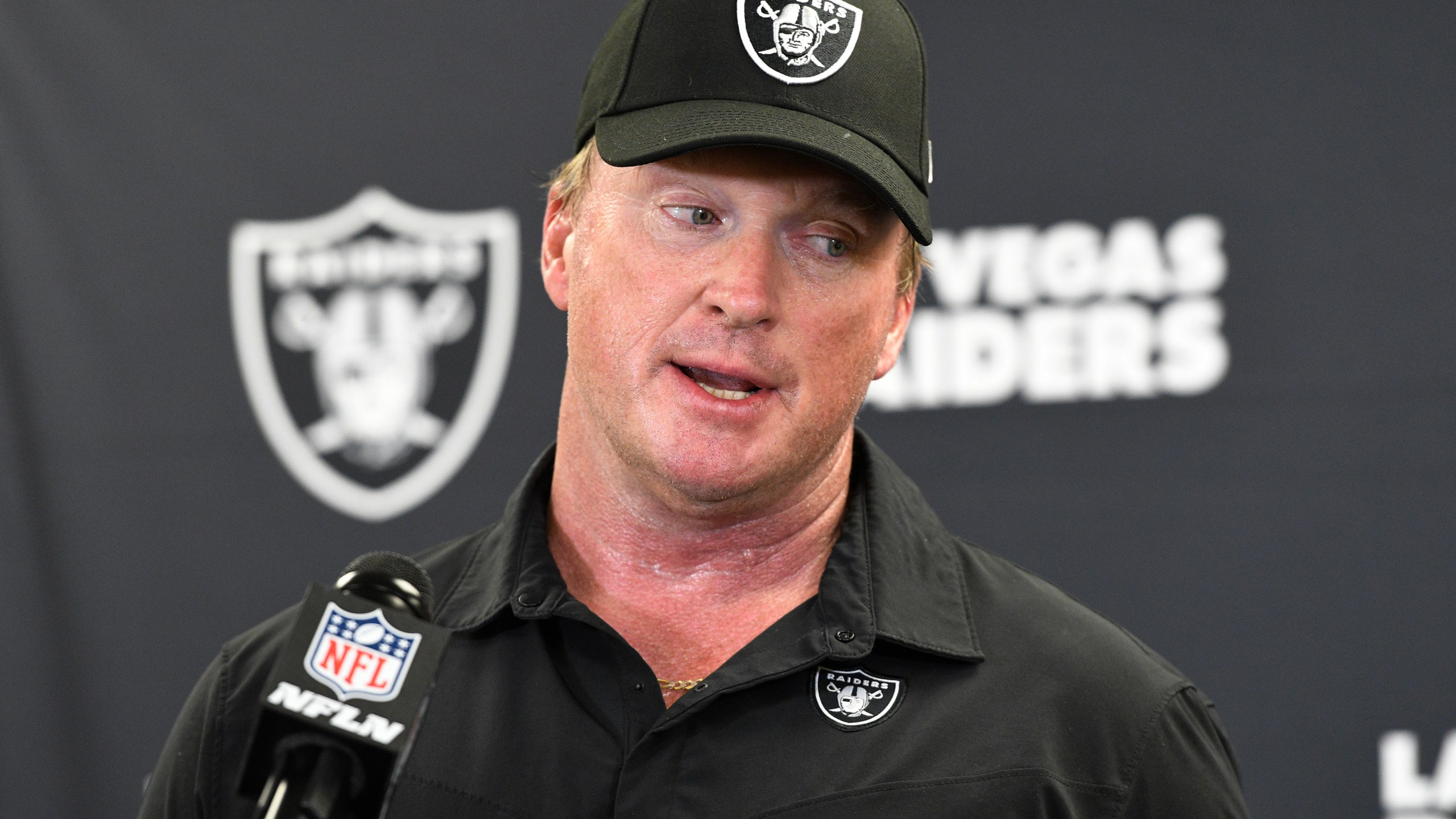 Las Vegas Raiders head coach Jon Gruden meets with the media following an NFL football game against the Pittsburgh Steelers in Pittsburgh on Sept. 19, 2021. (Don Wright / Associated Press)