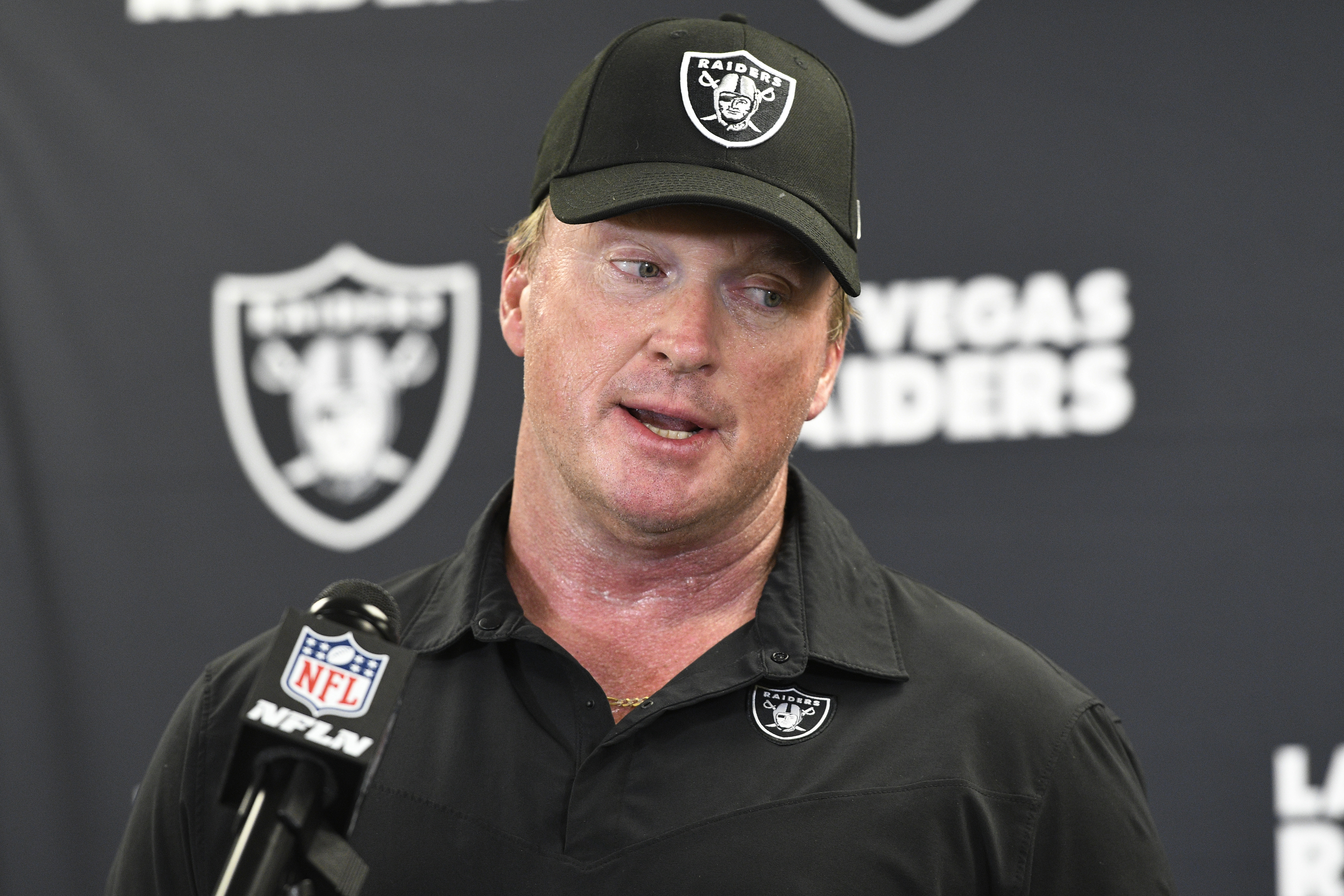 Las Vegas Raiders head coach Jon Gruden meets with the media following an NFL football game against the Pittsburgh Steelers in Pittsburgh on Sept. 19, 2021. (Don Wright / Associated Press)