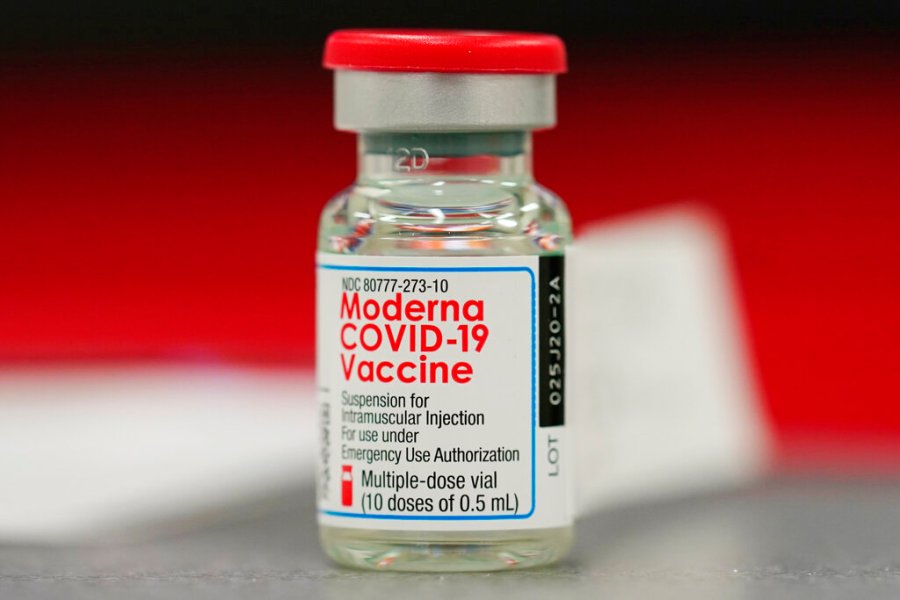 This Dec. 23, 2020 file photo shows a vial of the Moderna COVID-19 vaccine in the first round of staff vaccinations at a hospital in Denver. (AP Photo/David Zalubowski, File)