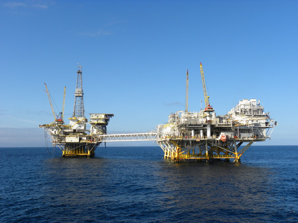 In this Oct. 22, 2012, file photo provided by the federal Bureau of Safety and Environmental Enforcement, the platforms Ellen and Elly stand offshore near Long Beach, Calif., in the BSEE's Pacific Region. (Bureau of Safety and Environmental Enforcement via AP, File)