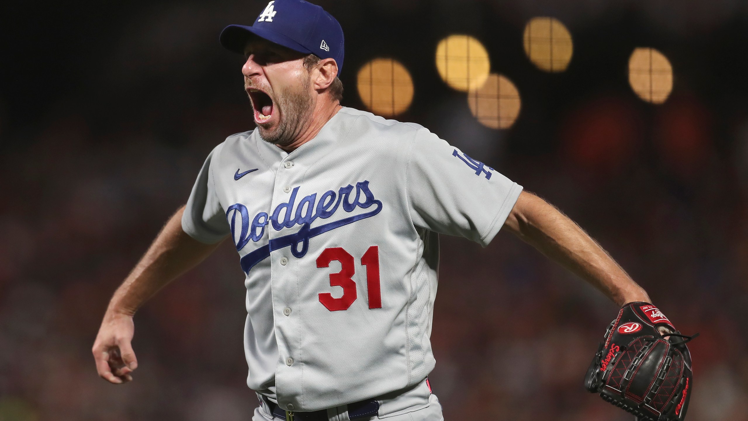 Los Angeles Dodgers pitcher Max Scherzer celebrates after the Dodgers defeated the San Francisco Giants in Game 5 of the National League Division Series Oct. 14, 2021, in San Francisco. (/Jed Jacobsohn/Associated Press)