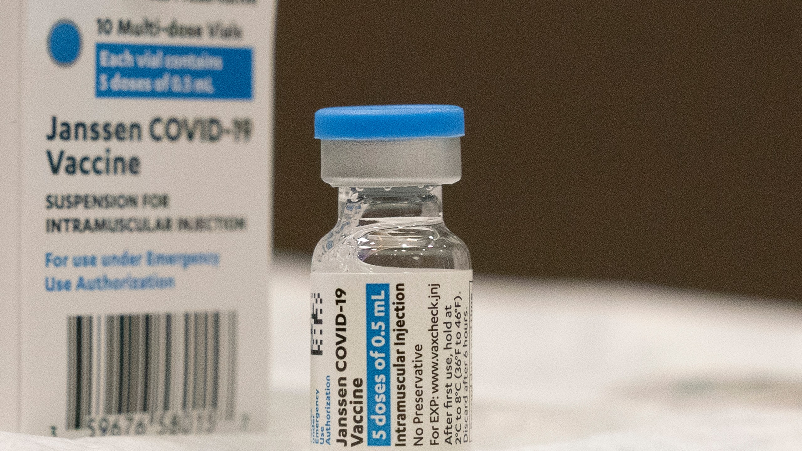 In this March 3, 2021 file photo, a vial of the Johnson & Johnson COVID-19 vaccine is displayed at South Shore University Hospital in Bay Shore, N.Y. (AP Photo/Mark Lennihan, File)